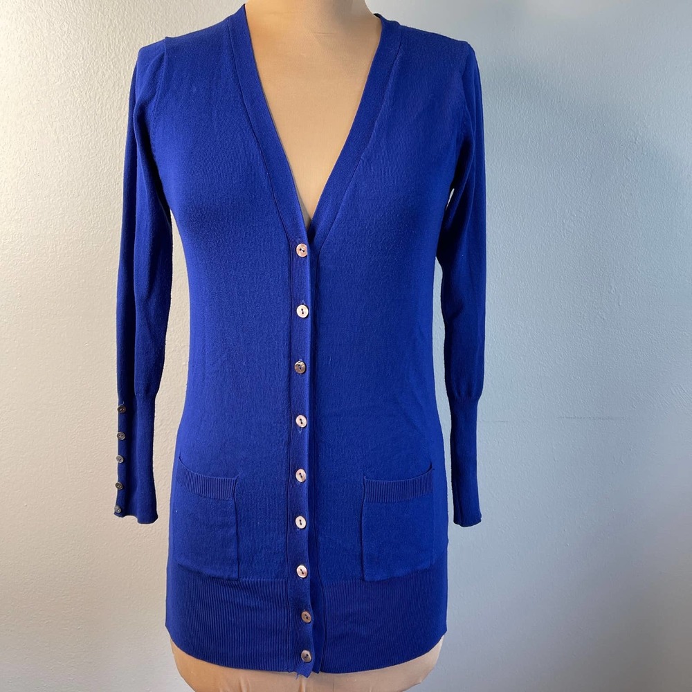 Zara Long Royal Neon Cobalt Blue Buttons Cardigan Pockets Large Cotton Nylon